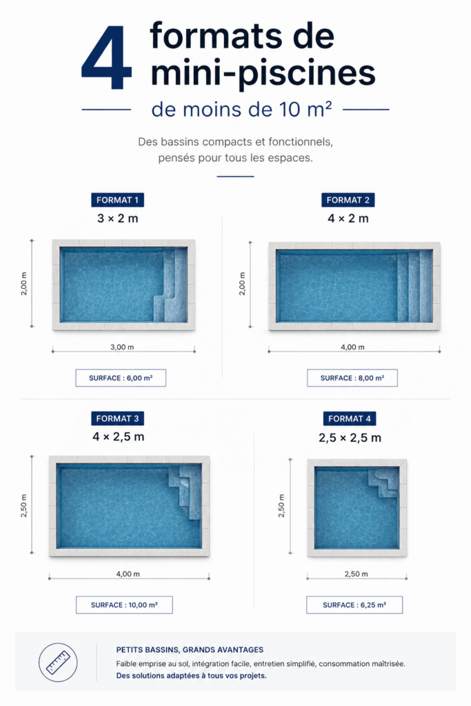 Comparatif de quatre formats de mini-piscines de moins de 10 m² avec dimensions et surfaces