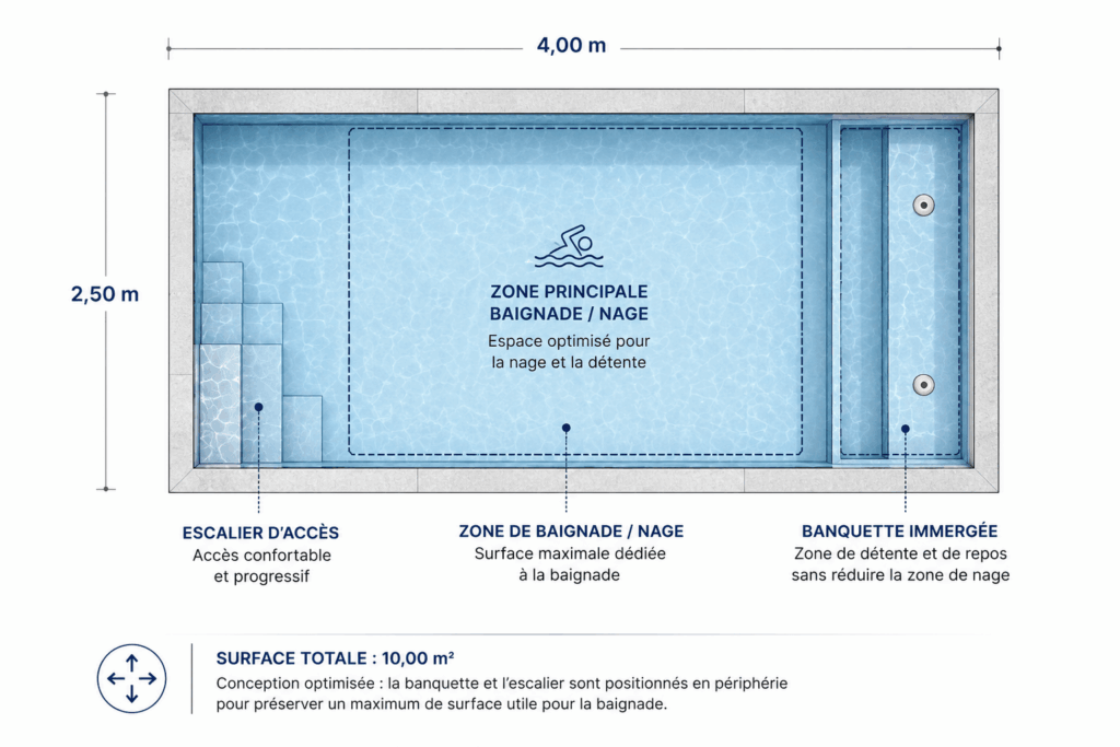 Schéma d’une mini-piscine 4 × 2,5 m avec zone de nage, escalier et banquette immergée