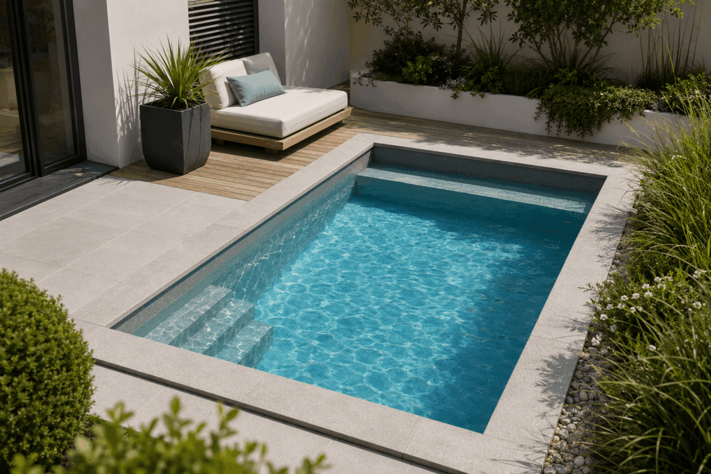 Mini-piscine rectangulaire de moins de 10 m² aménagée dans un petit jardin moderne