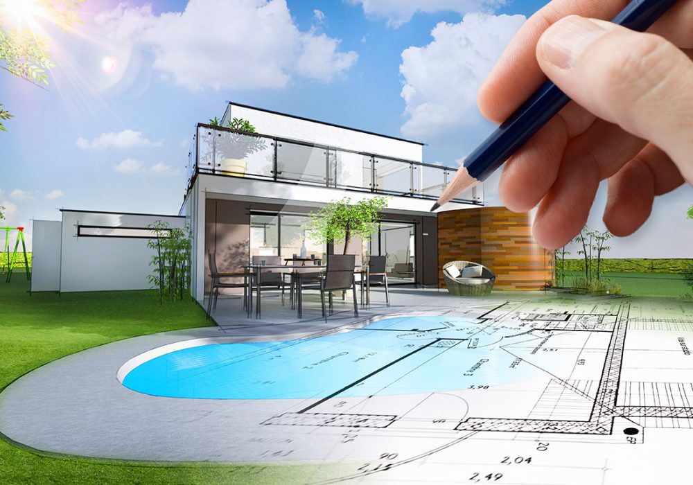 Plan et esquisse d'une maison individuelle moderne avec piscine