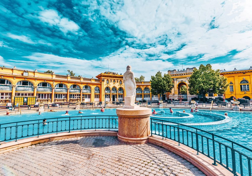 BUDAPEST, HUNGARY- MAY 05,2016: Courtyard of Szechenyi Baths, Hungarian thermal bath complex and spa treatments.