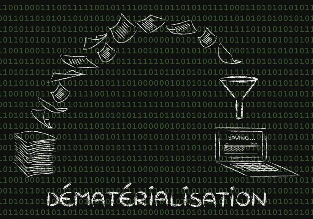 pile of sheets being turned into digital data, concept of paperless office (d√©mat√©rialisation)