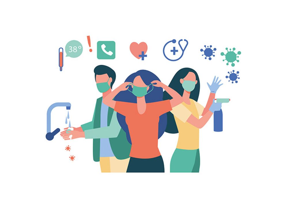 Hygiene during coronavirus epidemic. People in gloves and face masks, washing hands, cleaning surfaces with alcoholic sanitizers. Vector illustration for virus spread prevention, protection concept