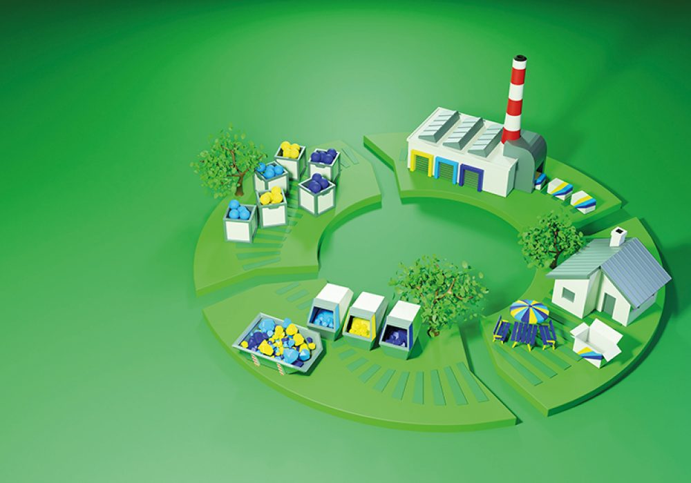 Circular economy concept. 3D illustration of the cycle of manufa
