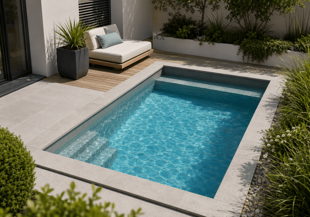 Mini-piscine rectangulaire de moins de 10 m² aménagée dans un petit jardin moderne