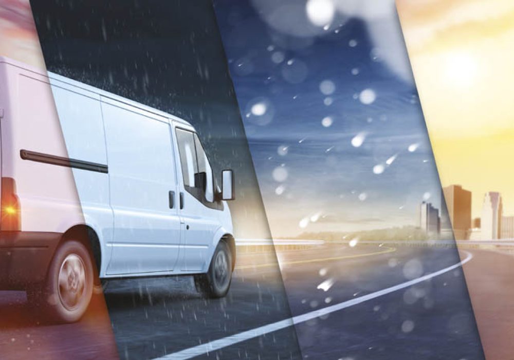 Van von Lieferservice bei Sonne Regen Schnee